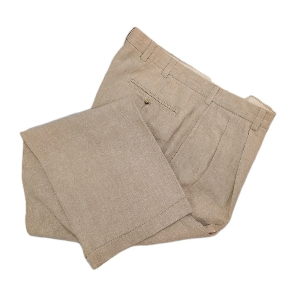 Jos A Bank 38x32 Khaki 100% Linen Travelers Pleated Cuffed Mens Pants